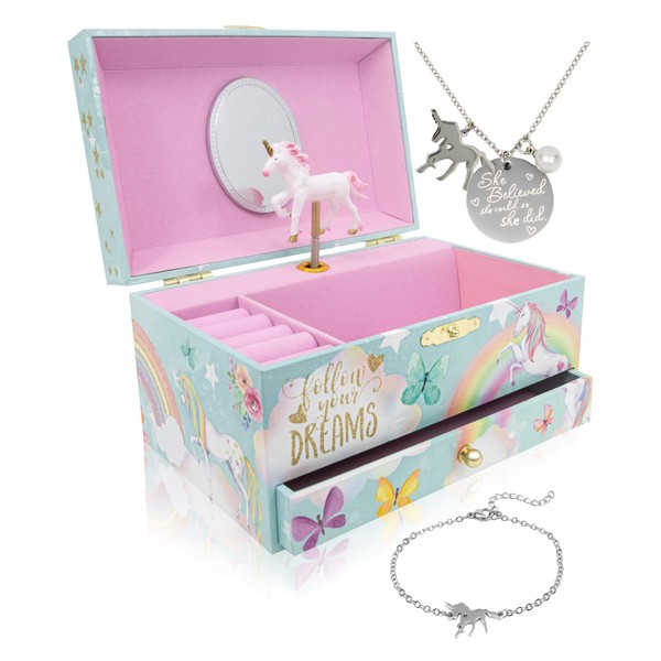 The Memory Building Company Unicorn Jewelry Box for Girls & Boys - Musical Girls Jewelry Organizer Box - Granddaughter Gifts for 8-Year-Old Girls