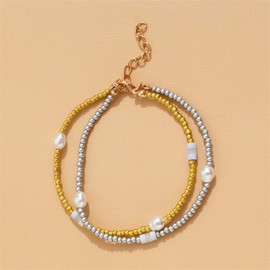 YienDoo Boho Layered Pearl Anklet Bracelet Gold Silver Faux Pearl Ankle Chain Layered Charm Anklet Minimalist Summer Beach Anklet Foot Jewelry Gifts for Women Girls