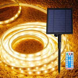 LED Tape Light Solar Outdoor 8 Lighting Modes Remote Control Waterproof 3000K Tape Light Solar Outdoor Solar Charging and USB Charging for Garden Outdoor Lighting Deck Porch Veranda Garden Party