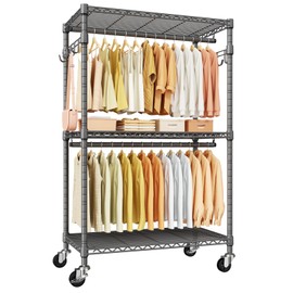ULIFHOME P1 Rolling Clothing Rack with Lockable Wheels, Heavy-Duty Garment Rack for Hanging Clothes, Portable Closet Wardrobe with Shelves, 35.5" W x 15.7" D x 80.5" H, Hold 500lbs, Grey