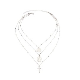Tiande Multilayer Necklace, Silver Cross Virgin Mary Pendant Chain Necklace Catholic Choker - Silver