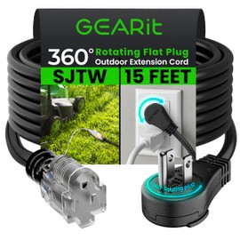 GEARit 360 Rotating Plug Heavy Duty Indoor/Outdoor Extension Cord 15 ft - 13 Amp Weatherproof Power Cable for Outdoor Landscaping, Lights, ETL Certified