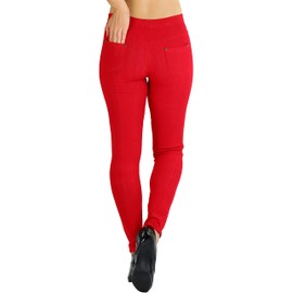 ToBeInStyle Women’s Easy Pull-On Denim Skinny Fit Comfort Stretch Leggings Jeggings, Full Length Back Pockets - Red, One Size