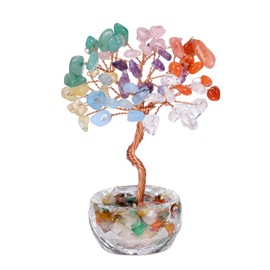 Jovivi Small 7 Chakra Crystals Tree, Natural Crystal Healing Stones Tree Glass Bowl Base Gemstone Money Trees Feng Shui Good Luck Home Desk Decor