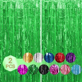 Pack of 2 1 x 2 m Green Tinsel Curtain, Metallic Glitter Curtain Fringe, Fringe Curtains for Photo Background, Door, Wall Hanging, Window Curtain, Party, Office Decoration