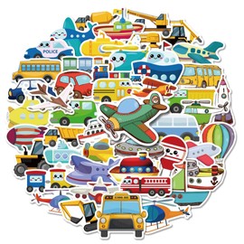 [Set of 50] Cute Vehicle Sticker Set for Airplanes, Buses, Boats, Etc., Illustration Stickers, For Kids, Waterproof Type