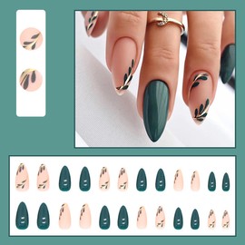 24 Pcs French Tip Press on Nails Medium Acrylic Nail Almond Fake Nails Green Leaf Gold Foil Designs Matte False Nail Cover Artificial Nails Full for Women Nail Art Decorations
