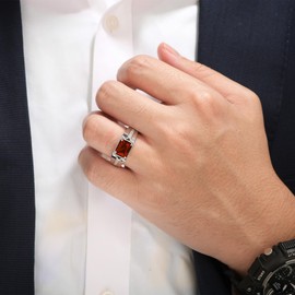 SweetJew Red Garnet Ring Mens Wedding Band 925 Sterling Silver Pave 5A Cubic Zirconia Emerald Cut Promise Ring For Him Size 10