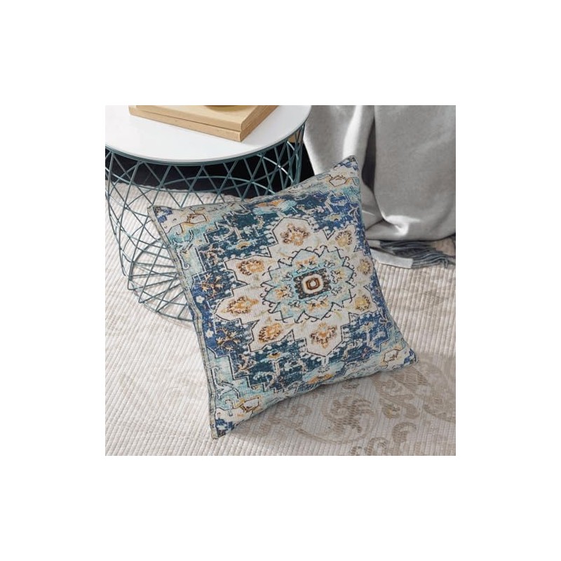 Throw Pillow Cover, Boho Style Ethnic Design Pattern Linen Carpet,