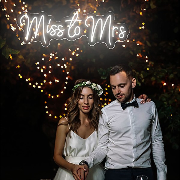 Miss to Mrs Neon Sign for Wedding Decor, 23.7 inches White Large Led Neon Lights for Bedroom Party Bar Club Birthday Home Art Wall Gift, Neon Sign for Wedding Table, Reception, Bridal Shower.