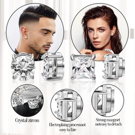 Xinjieda 2 Pairs Magnetic Earrings Clip On Earrings Set Non Pierced Magnet Design Fake Ear Stud Stainless Steel Mens Earrings Diamond Cubic Zirconia Magnetic Stud Earrings Gift for Men Women Girls Kid