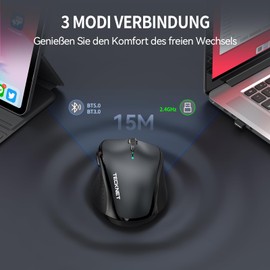 TECKNET Bluetooth Maus, 4800 DPI Maus Kabellos (Tri-Mode: BT 5.0/3.0 2.4G), Leise Funkmaus mit USB-Empfänger für Laptop PC Computer, Mac OS, Android, Windows