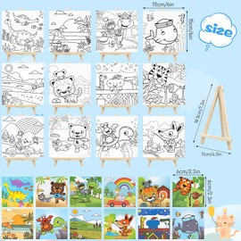 12 Sets Pre Drawn Canvas to Paint Stretched Coloring Painting Canvas Panels with Design Easel and Brushes for Party Supplies Beginner Favor - Cute Style