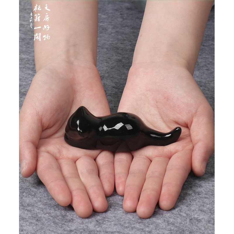 Isshinsai Brush Holder Cat Paperweight Celadon Pottery - Gift for