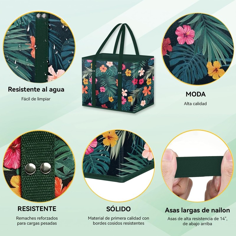 3PCS bolsas de la compra reutilizables,plegables,con base y asas reforzadas