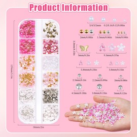 3D Flower Nail Charms and Gems with Nail Beads & Butterfly - Rose/White/Pink Flowers + Gold/Silver Caviar Beads + White Rhinestones Half Pearls + Metal Gold Butterfly for DIY Nails (3-S1-Glitter)