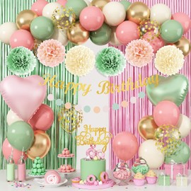 Jobkoo Sage Green Pink Birthday Decorations, Blush Pink Olive Green Gold Sand White Latex Confetti Balloons Boho Happy Birthday Banner Fringe Curtain Pompom for Women Girls Woodland Fairy Party Decor