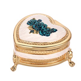 IGNPION Vintage Rose Trinket Storage Box Small Heart Shape Metal Jewelry Box Earrings Rings Organizer Box Keepsake Ornate Display Case (Blue)