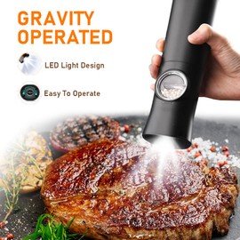 Gravity Electric salt and pepper grinder set, Automatic Salt and Pepper Mill Grinder, Battery Powered, Adjustable Coarseness, LED Light, One Hand Operation (Black 2 pack)