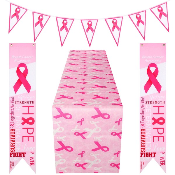 2 banderines colgantes de cinta rosa para concienciar el cáncer de mama, banderines de pared de cinta rosa, 33 x 182 cm, para decoración de suministros de fiesta