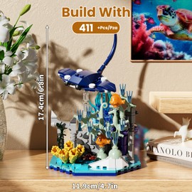 Mould King 10173 Clamping Building Blocks Animals Devil Ray Building Blocks with Base Animal Building Toy Sea Animals Set MOC Gifts for 8+ Children and Adults (411 Pieces)
