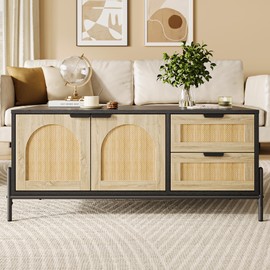 GarveeHome Rattan Coffee Table with LED Lights, Mid Century Modern Coffee Table with 2 Storage Drawers and 2 Arched Door, Wooden Living Room Table, Farmhouse Coffee Table for Living Room