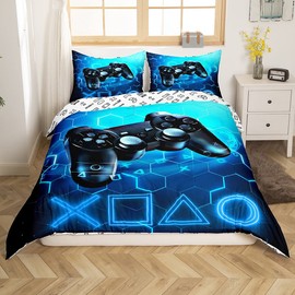 Homemissing Gaming Duvet Cover for Children, Gamer, Blue, Video Game, Bed Linen, 140 x 200 cm, Game Console, Honeycomb, Duvet Cover Decor for Bedroom, Hexagonal, Geometric, with 1 Pillowcase