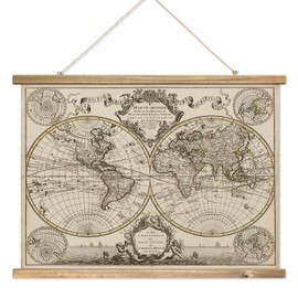 XIAOAIKA Vintage 17th Century World Map Print on Linen with Wooden Hanger, Retro Double Hemisphere Wall Decor for Home and Office, Amsterdam Edition, 39 x 29 Inches