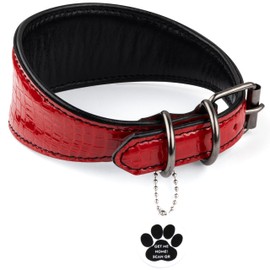 FAVPET Sighthound Wide Leather Dog Collar with ID Tag QR for Whippet Italian Greyhound Saluki Borzoi Lurcher Spanish Galgo, Luxury Dog Collars, Soft Leather Dog Collar for Sensitive Neck (Red, L)