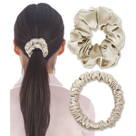 Silk Scrunchie Hair Rubber Hair Elastic Non-marking 100% Silk Adult Stylish Thick, Set of 2 (Gold Ash)