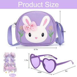 Little Girls Handbag Set 10pcs, Lovely Rabbit Crossbody Bag with Heart-Shaped Sunglass and 8 Bow Hair Clips, Shoulder Bag for Cute Kids with Adjustable Strap, Purple