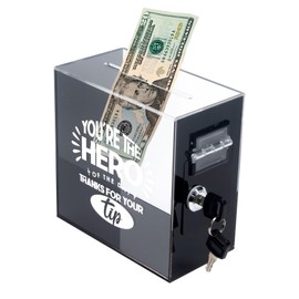 SAMAKY Tip Jar - Transparent & Black - 6.1 x 6.1 x 3.3 inches - Money Box - Ideal for Businesses & Restaurants