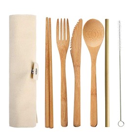 6 Pcs Bamboo Travel Cutlery Knife Fork Spoon Chopsticks Straw Brush Set Bamboo Utensils Camping Flatware Set