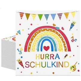 50 Stück Servietten Einschulung Regenbogen,HURRA SCHULKIND,Reißfest & Saugstark Schulanfang Deko,Tischdeko Schulkind 2026 Deko Party für Mädchen Junge,33x33 cm
