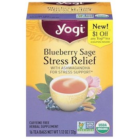 Yogi Teas (Groc), Stress Relief Blueberry Sage Caffeine Free Tea Bags, 16 Count