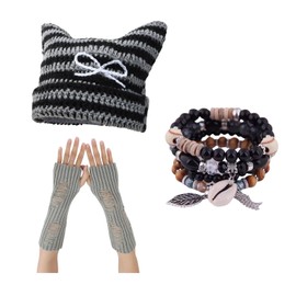 CORIRESHA Fairycore Grunge Clothing Y2k Accessories Cat Ear Beanie Fingerless Gloves Stacked Bracelets Emo Stuff