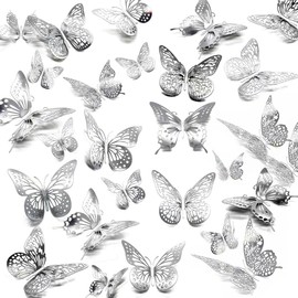 3D Butterfly Wall Decor 48 Pcs 4 Styles 3 Sizes, for Birthday Decorations Party Decorations, Removable Wall Stickers Interior Decoracions Kids Nursery Classroom Wedding Decor (Silvery)