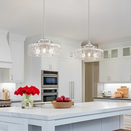 Brushed Nickel Pendant Light with Clear Glass Lampshade, 3-Light Adjustable Pendant Lights Kitchen Island, Vintage Kitchen Pendant Light Ceiling Hanging Lights for Dining Room Hallway Bathroom, E12*3