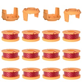 16 Pack Replacement Trimmer Spool Line & Cap for Worx WA0010, 0.065" Diameter & 10 Ft Longth Spool Compatible with Worx WG150-WG180 Series Weed Eater Trimmes(4 Caps & 12 Spools)