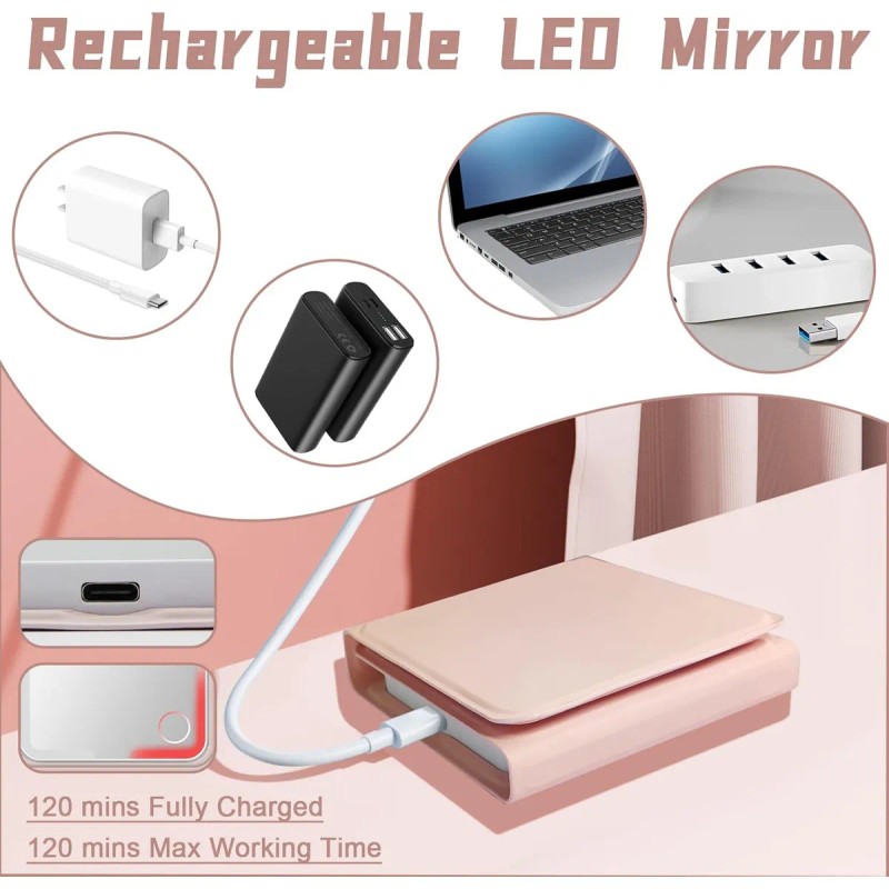 Recargable Espejo De Maquillaje Luz Tríptica Aumento 5x/10x