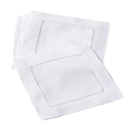 Fennco Styles Classic Hemstitch Boarder Linen Blend 6 x 6 Inch Cocktail Napkins for Dining Table, Banquet, Wedding, Family Dinner, White, Set of 4