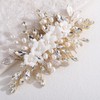 Lenjicons White Flower Leaf Hair Comb Golden Leaf Rhinestone Pearls
