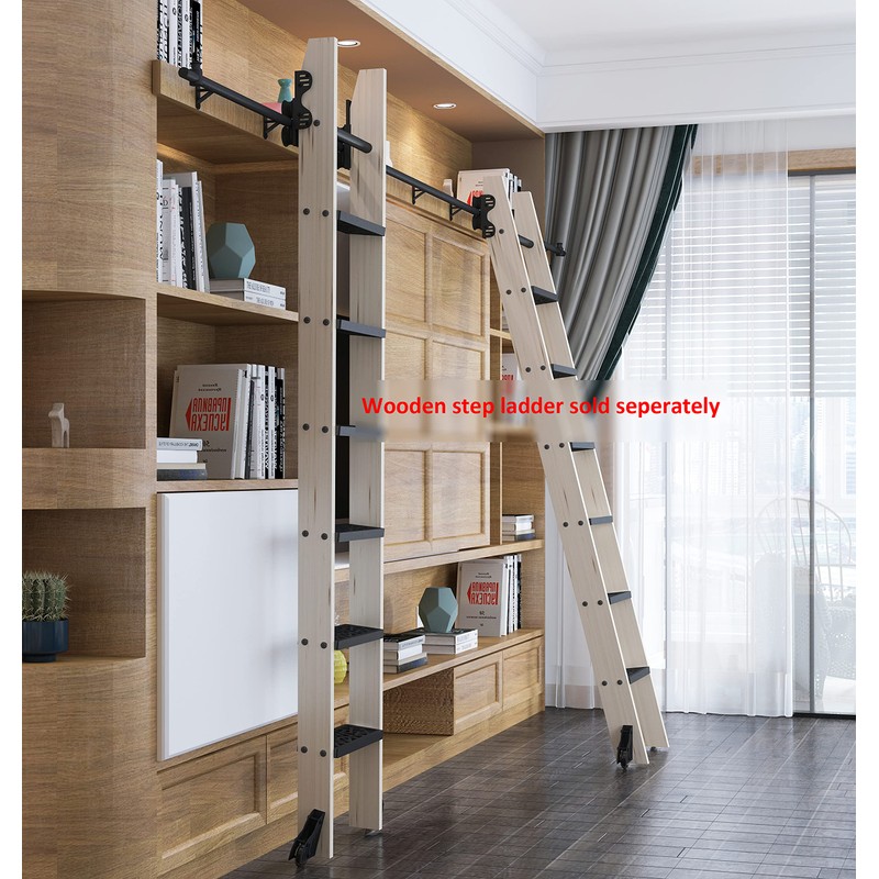 DIYHD 4FT Stand Up Black Rolling Library Hardware,Telescope Sliding Ladder