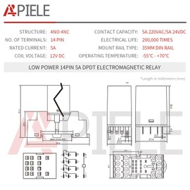 APIELE Electromagnetic Power Relay MY4NJ HH53P Coil 4PDT 4NO + 4NC 14 Pins 5A with Indicator Light with Socket (12V DC)