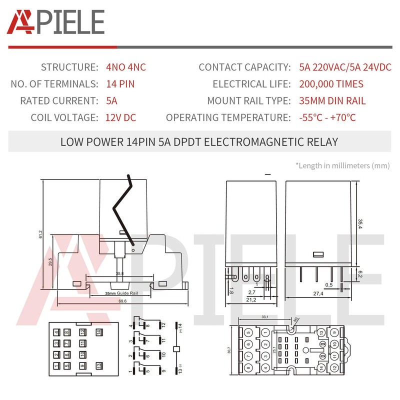 APIELE Electromagnetic Power Relay MY4NJ HH53P Coil 4PDT 4NO +