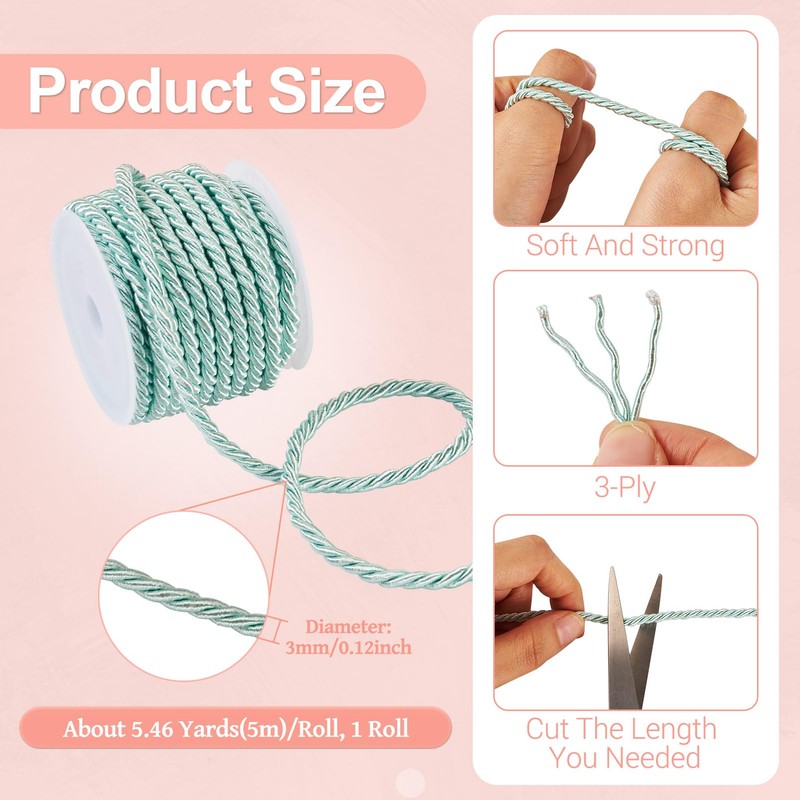 Beadthoven 1 Roll/5.46 Yards 3mm Braided Cord Light Green 3-Ply