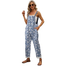 Gihuo Women's Fashion Baggy Loose Linen Overalls Jumpsuit Oversized Casual Sleeveless Rompers with Pockets (03Blue-M)