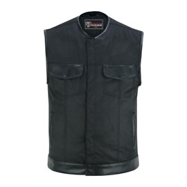 Men's Premium Black Textile Collarless Motorcycle Club Vest with Leather Trims (Black Textile, Large)