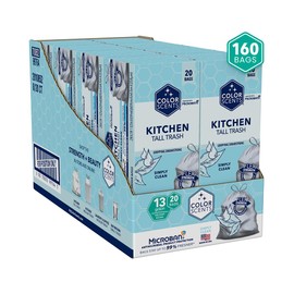 Color Scents Tall Kitchen Trash Bags -13 Gallon, 160 Total Bags (8 Packs of 20 Count), Drawstring - Silver bag in Simply Clean Scent with Microban
