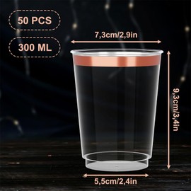 AUTOWNLUX Pack of 50 Hard Plastic Cups with Rose Gold Trim, 300 ml/10 oz Plastic Drinking Cups, Reusable Transparent Party Cups for Party, Wedding, Birthday